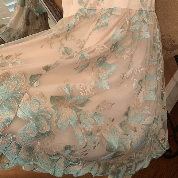 Adriana Papell Champagne and Seagreen Floral Embroidered Wedding Guest Dress - Picture 9 of 12